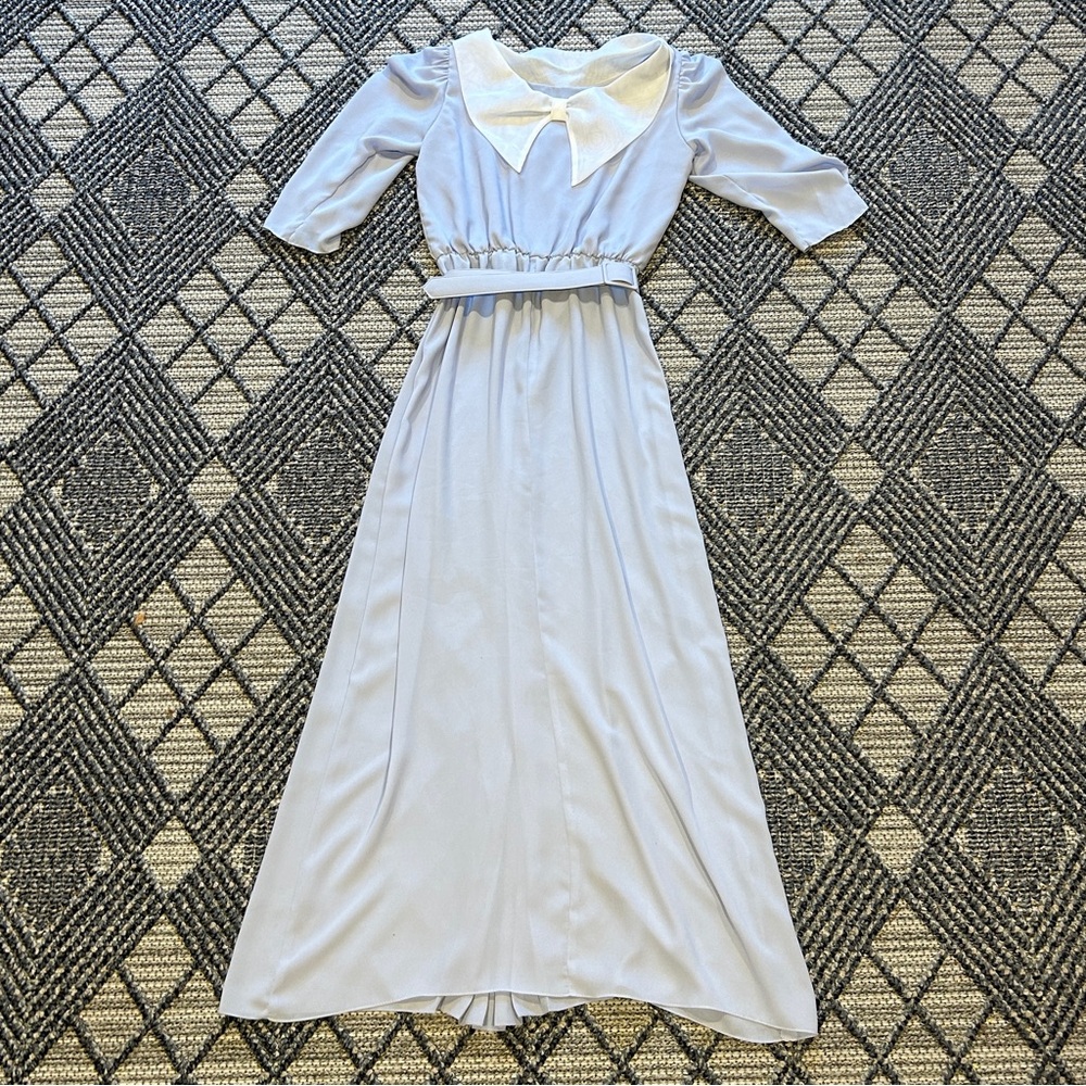 VTG Emma Domb Maxi Dress Belted 1960s Bow Collar Light Blue White Made In USA